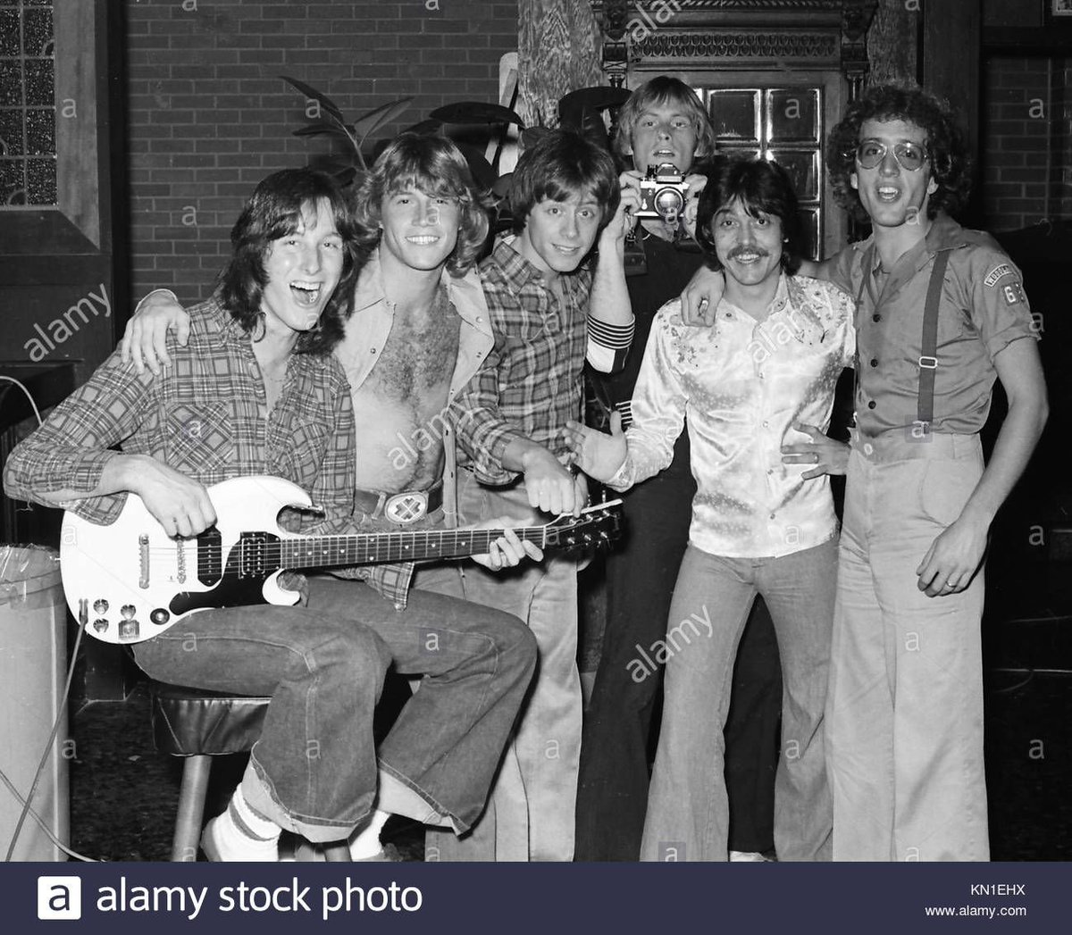 @in_yacht Andy Gibb and Pages, 1977. L to R: Peter Leinheiser (aka, then, Peter Lyons), Andy, Steve George, Richard Page, Jerry Manfredi, and Russell Battelene.