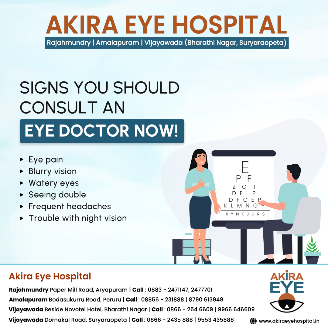 👁️ Seeing these signs? It might be time for a check-up! Don't wait, book your appointment at Akira Eye Hospital today! 

#akiraeyehospital #vijayawada #Rajahmundry #amalapuram #EyeHealth #eyepain #blurryvison #watereyes #opthamologist #clearvision