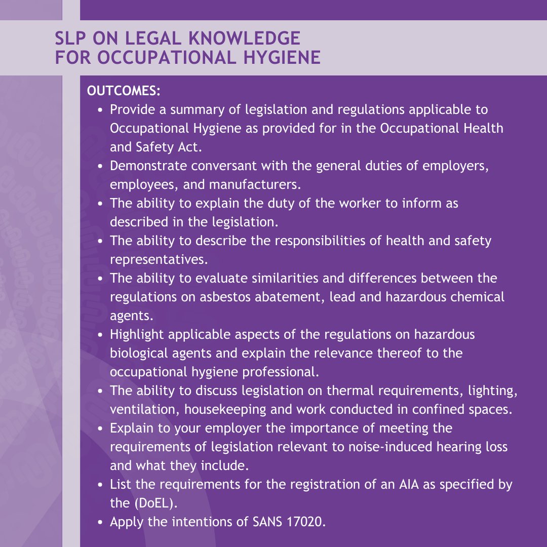 SLP on Legal Knowledge for Occupational Hygiene
Applications close on May 27, 2024
 
Apply Now:
zurl.co/Cl3J 

#NWUShortCourses #ContinuingEducation #ProfessionalDevelopment #SkillsTraining #LifelongLearning #EducationForAll #CareerBoost #OnlineLearning #NWUTraining