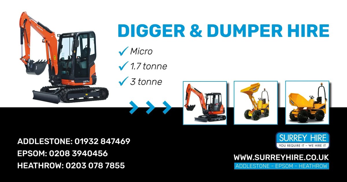 Diggers & dumpers for hire, from micro to 1.7 or 3 tonne, we have the solution for all your excavation & clearance needs! Visit buff.ly/3kHVgy3 for rates. #surreyhire #addlestone #heathrow #epsom #surrey #landscapingsurrey #surreybuilder #surreyhomes #planthire