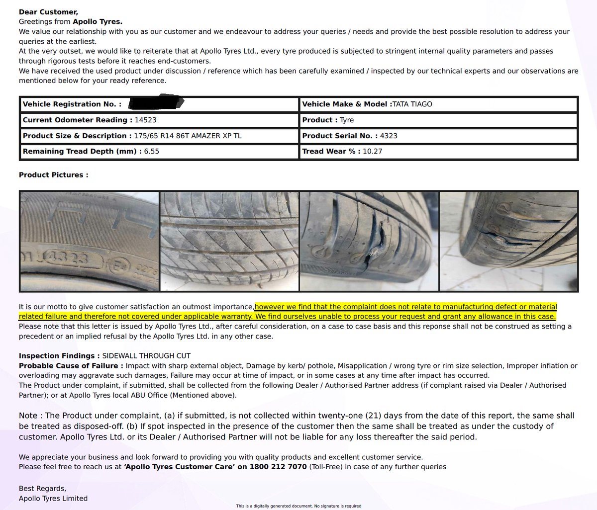 ashusaini04's tweet photo. @apollotyres @TataMotors This is the condition of the tyre of a new car tyre run only 14523. Tyre burst on the straight Plain Road. Apollo Tyre is now claiming that this tyre has a sidewall impact. Even a layman can tell that this tyre has not any sidewall impact. https://t.co/EojMr0a5WJ