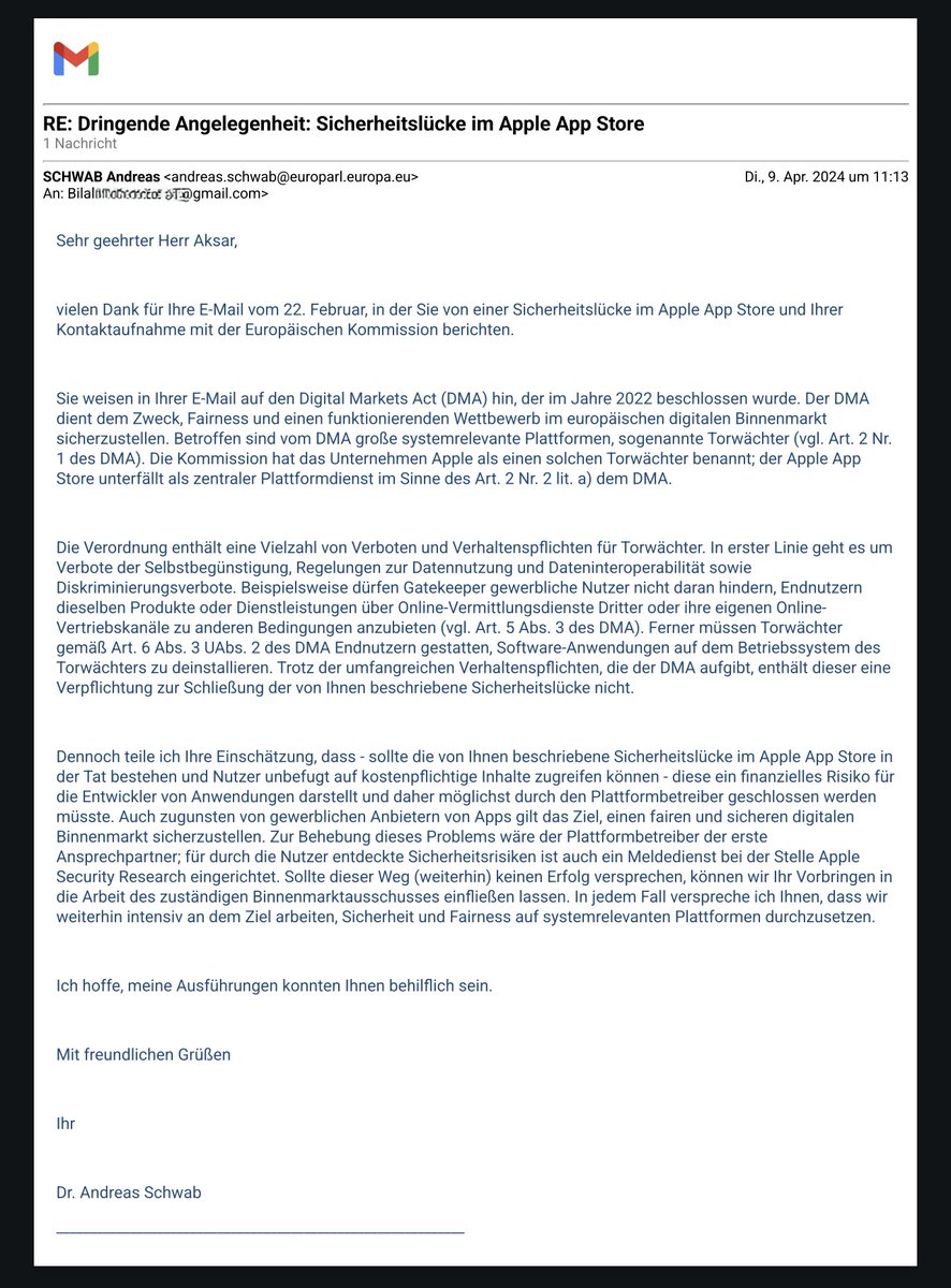 After 338 days, it's clear that #Apple does not take all reports of potential security issues seriously. #EuropeanCommission #EuropeanParliament #DMA #DSA #CSA #DanielEk #Spotify