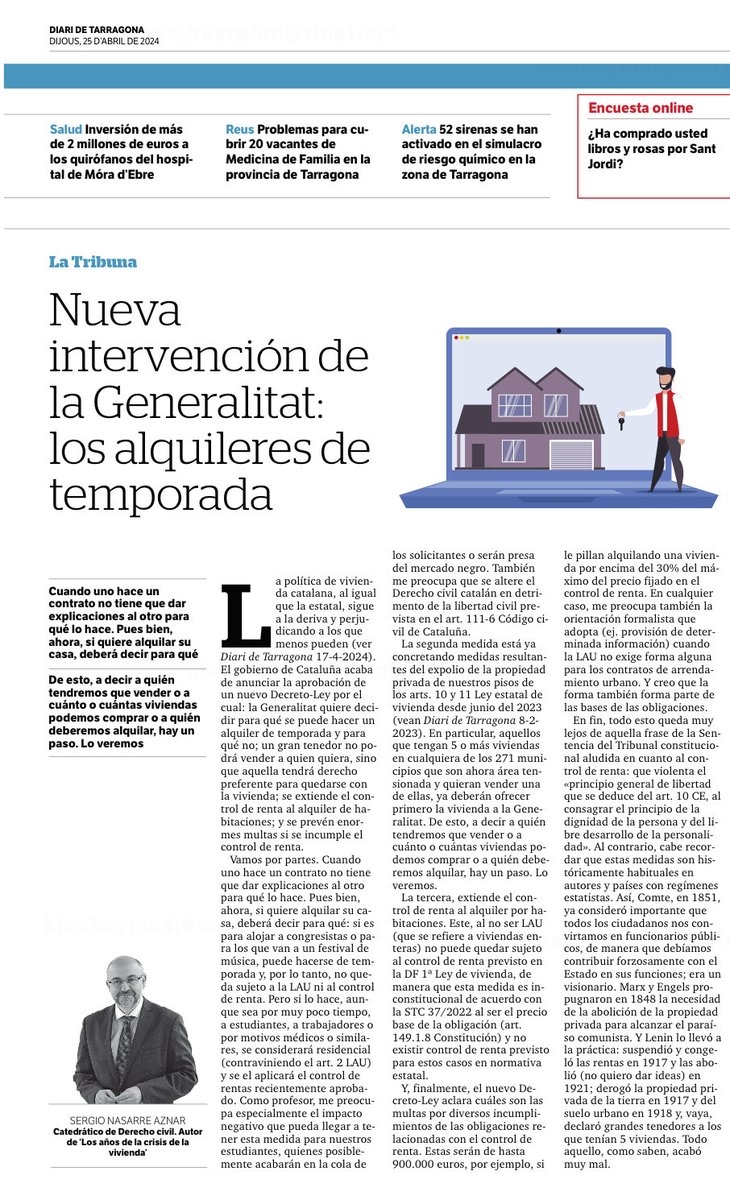 SNasarreA's tweet photo. Buenos días. Les dejo mi opinión hoy @diaridtarragona sobre el nuevo Decreto-Ley catalán que extiende el control de renta a los #alquileres de #temporada y a los de #habitaciones,entre otras medidas. @housingchairurv @cienciaURV #vivienda #controlderenta #housing #arrendamientos. https://t.co/cu9iJHlkeX