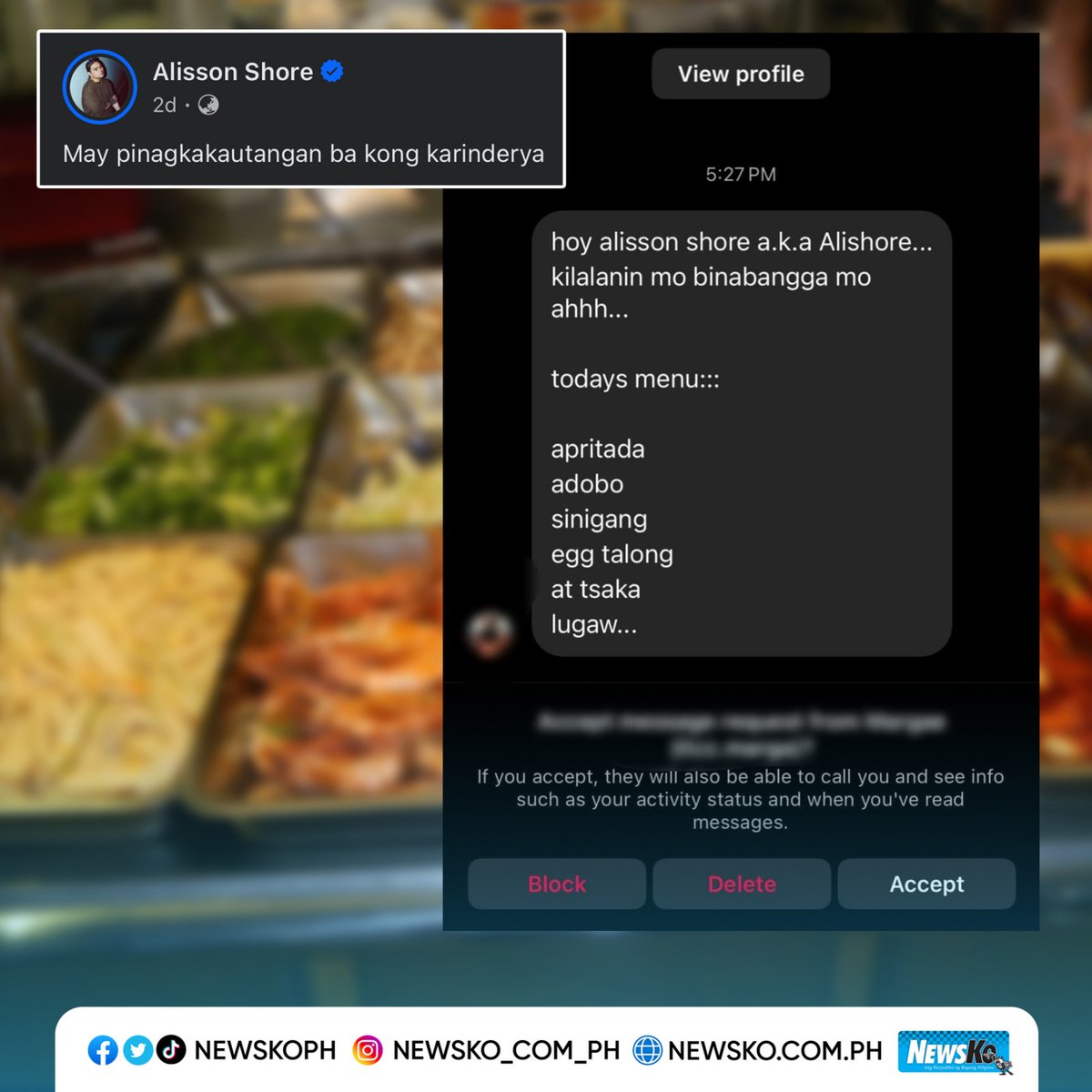 NewsKoPH's tweet photo. #MemesPH: 'Yung nakatanggap ka ng pagbabanta at listahan ng mga ulam. 🥹😹
"May pinagkakautangan ba 'kong karinderya," kwelang caption ni Alisson Shore sa post.
📸 FB/ Alisson Shore
Bisitahin aming website: https://t.co/mdIbQKpPI3
#ViralPH #GoodVibesPH #Trending #Funny #fyp https://t.co/q3uJXGFrgv