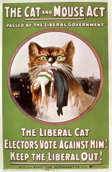 El 25 de abril de 1913 el gobierno británico aprobaba una ley conocida popularmente como la Ley del Gato y el Ratón. El gato era el gobierno. Los ratones, las sufragistas. De la misma manera que el gato juega con su presa y la deja escapar varias veces antes de matarla,🧵👇