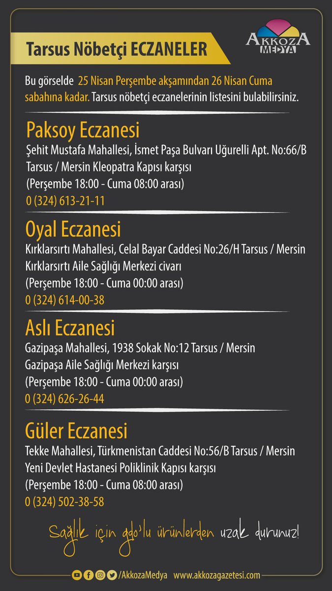 25.04.2024 Akkoza Gazetesi, Akkoza Medya Mersin/ Tarsus Nöbetçi Eczaneler #eczaneler #Nöbetçi #Tarsus #Akkoza #akkozamedya