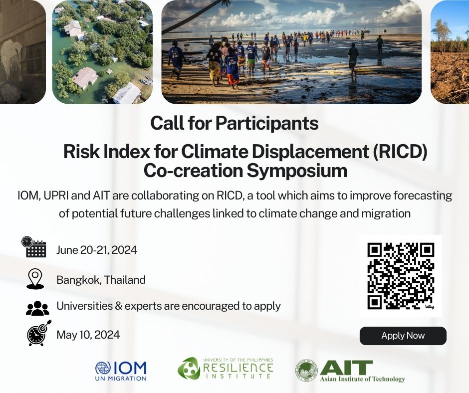 IOM Asia-Pacific (@iomasiapacific) on Twitter photo 🌍 Passionate about tackling climate displacement?
<a href="/UNmigration/">IOM - UN Migration 🇺🇳</a>, <a href="/UPResilience/">UP Resilience Institute</a>, & <a href="/AITAsia/">AIT</a> are inviting experts and academia in the Asia-Pacific region to join the Climate Displacement Co-creation Symposium in Bangkok on 20-21 June.
📝 Apply by May 10th: bit.ly/3W2Hgng 🌍 Passionate about tackling climate displacement?
<a href="/UNmigration/">IOM - UN Migration 🇺🇳</a>, <a href="/UPResilience/">UP Resilience Institute</a>, & <a href="/AITAsia/">AIT</a> are inviting experts and academia in the Asia-Pacific region to join the Climate Displacement Co-creation Symposium in Bangkok on 20-21 June.
📝 Apply by May 10th: bit.ly/3W2Hgng