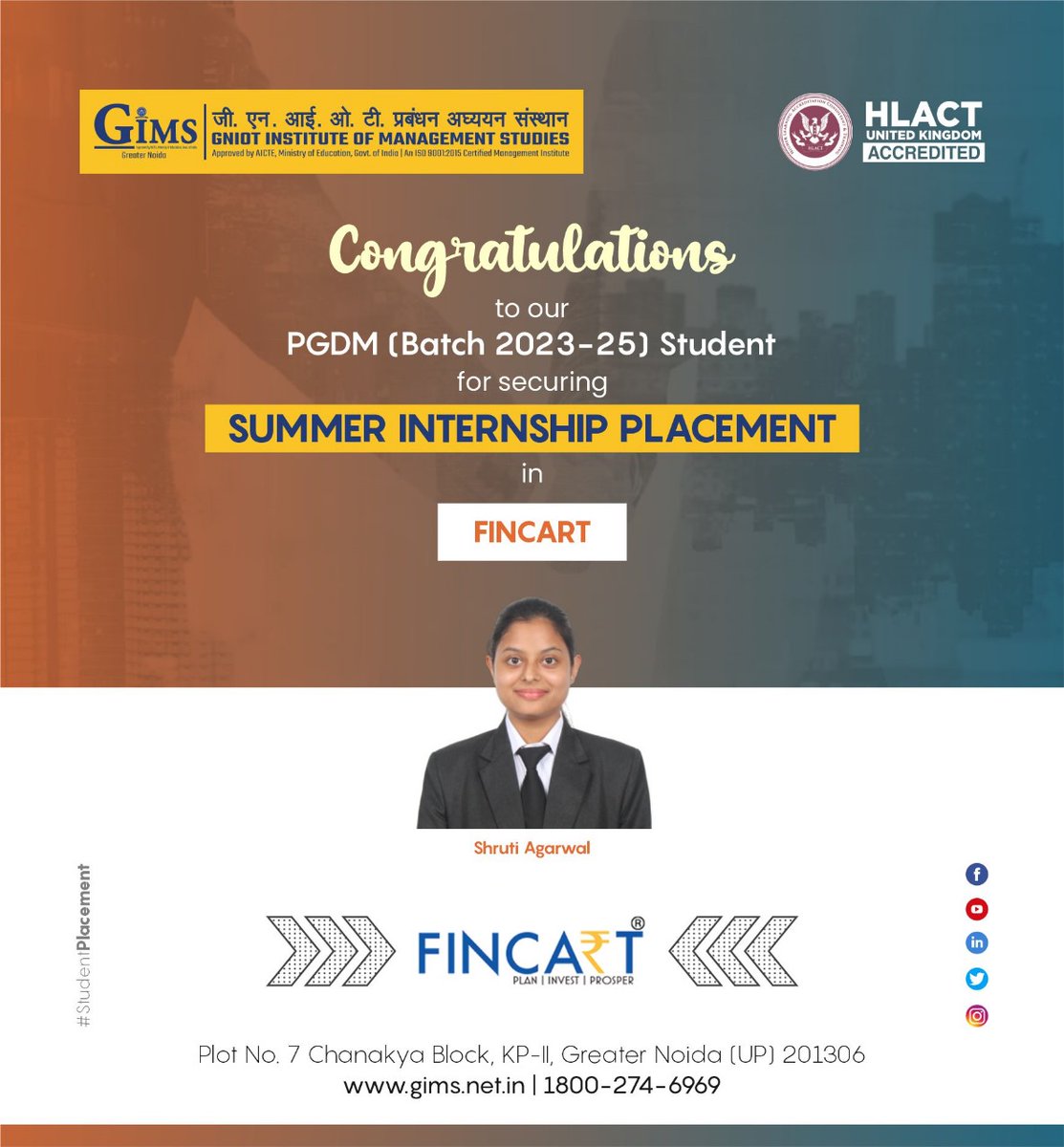 GIMS, Greater Noida proudly announces the SIP selection of its PGDM 2023-25 Batch student in Fincart We wish her the best for a great learning experience ahead! Visit our Website: gniotgroup.edu.in Toll Free No.: 18002746969 #gims #gniot #gimsian #SIPplacements #PGDM