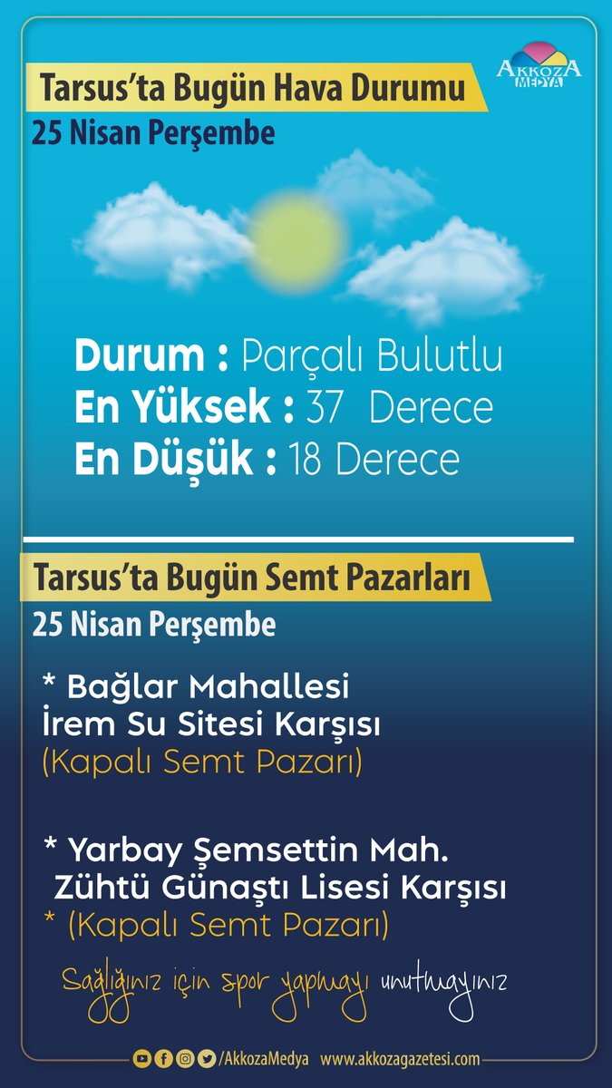 25.04.2024 Akkoza Gazetesi, Akkoza Medya Mersin/ Tarsus Hava Durumu/Semt Pazarı #eczaneler #Nöbetçi #Tarsus #Akkoza #akkozamedya