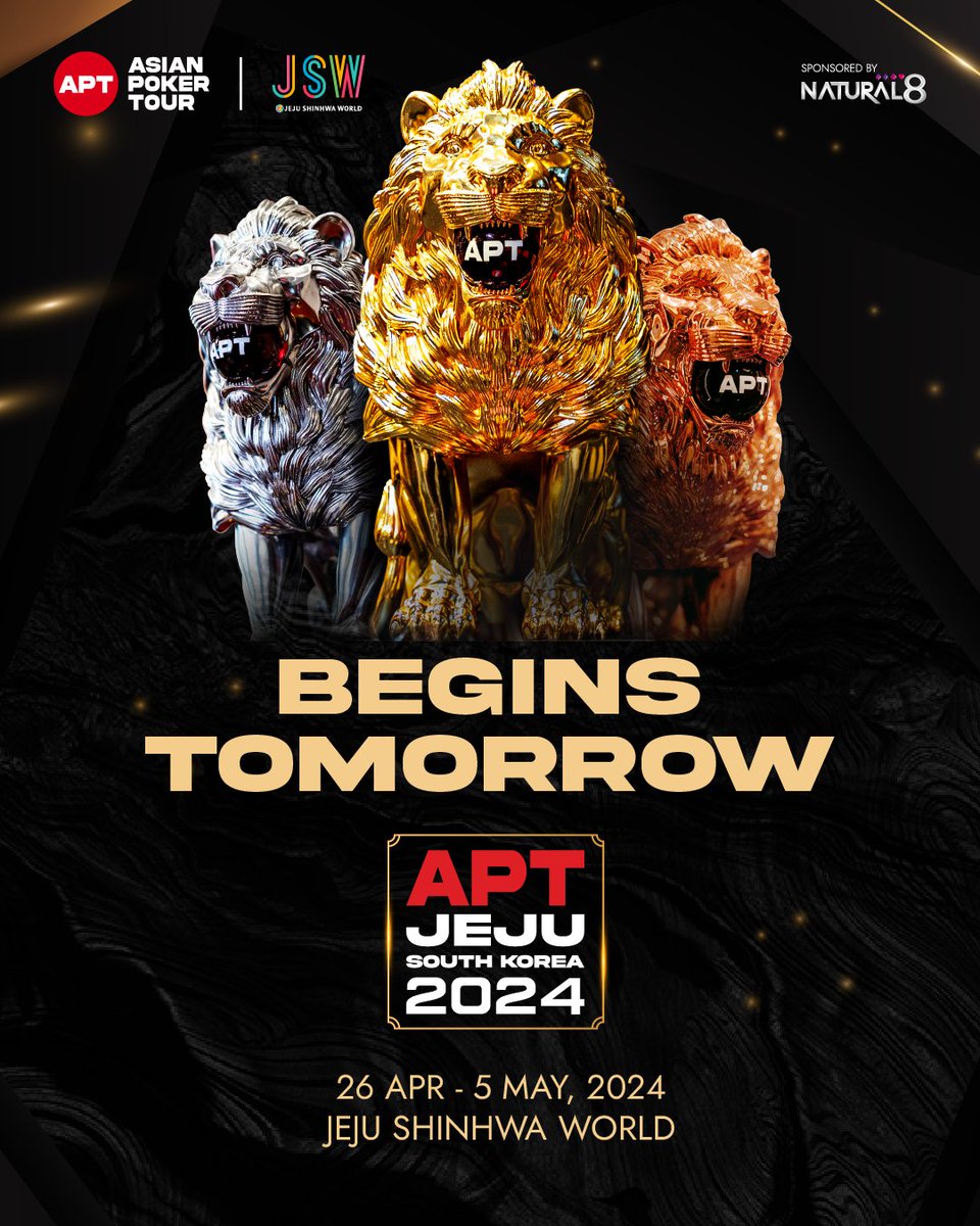 Get ready as the much-awaited #APTJeju2024 begins tomorrow! 10 days, 86 trophy events, and over KRW 5 billion (~USD $3.7M) in prize pool guarantees! See you all at the luxurious Jeju Shinhwa World from April 26th to May 5th.

See the complete info here: bit.ly/aptjeju2024ug