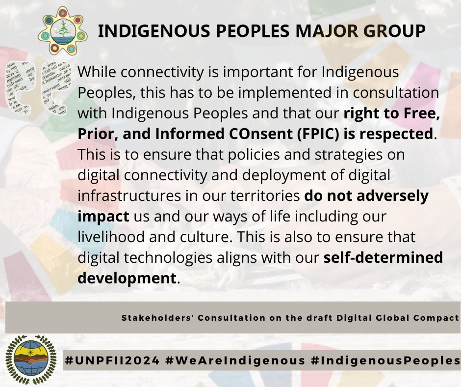 #UNPFII2024 | Statement on the Stakeholders' Consultation on the draft Digital Global Compact delivered by Robie Halip.

Read the full statement here: bit.ly/4b8d2Ub

#IndigenousPeoples #WeAreIndigenous #SomosIndigenas