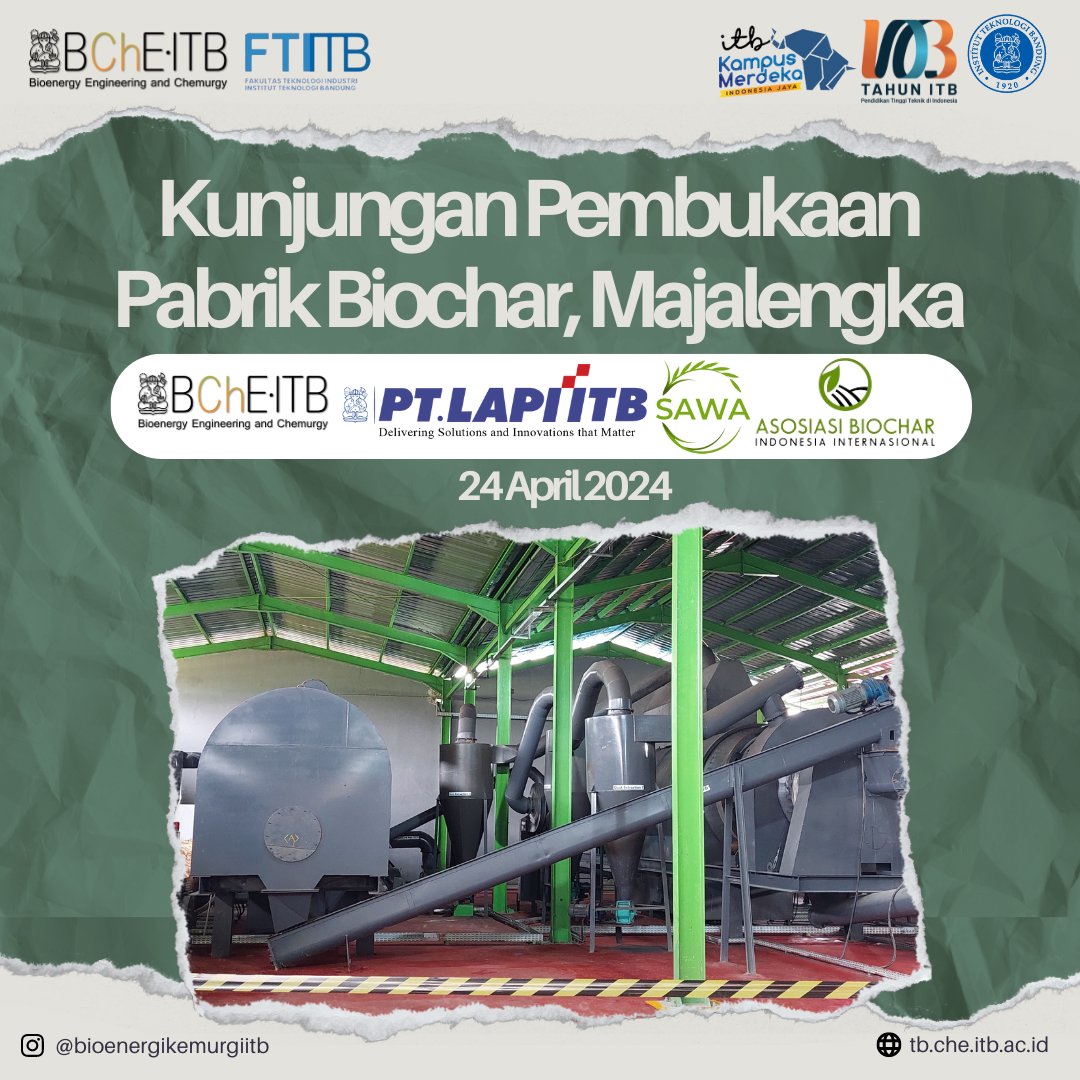 bcheitb's tweet photo. Kunjungan Pembukaan Pabrik Biochar, Majalengka

Perwakilan Tim Biochar Teknik Bioenergi dan Kemurgi beserta perwakilan dari PT. LAPI ITB mengunjungi acara pembukaan Pabrik Biochar Komersil pertama di Indonesia pada 24 April 2024. https://t.co/JUlsshmclJ