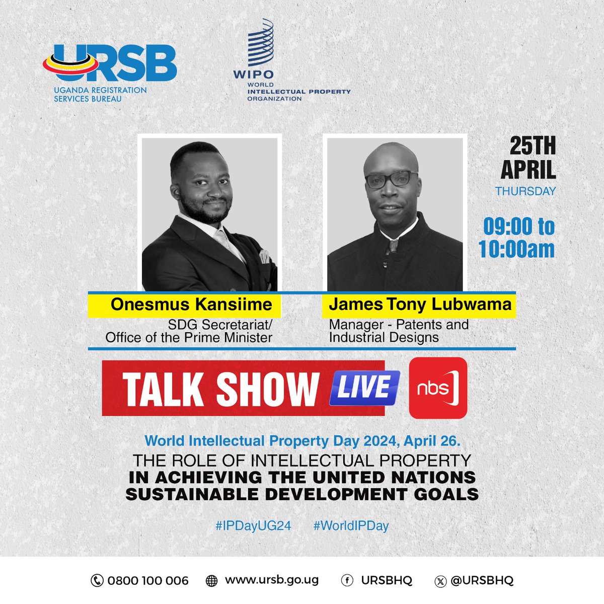 Tune in to @nbstv today at 9:00 AM for an insightful discussion on the role of Intellectual Property in achieving the @UN Sustainable Development Goals with @lubwamajt2 and @kansiimeonesmu2. #IPDayUG24 #WorldIPDay.