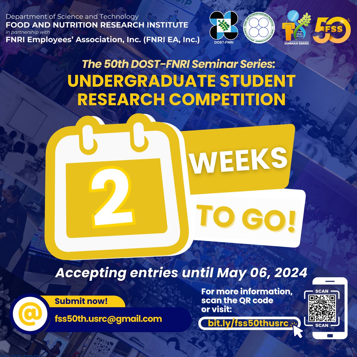 Just 2 weeks to go! Calling all aspiring researchers! 📷 Submit your entries on or before May 06, 2024, 5PM, and let your hard work shine! For more information, scan the QR code or visit: bit.ly/fss50thusrc