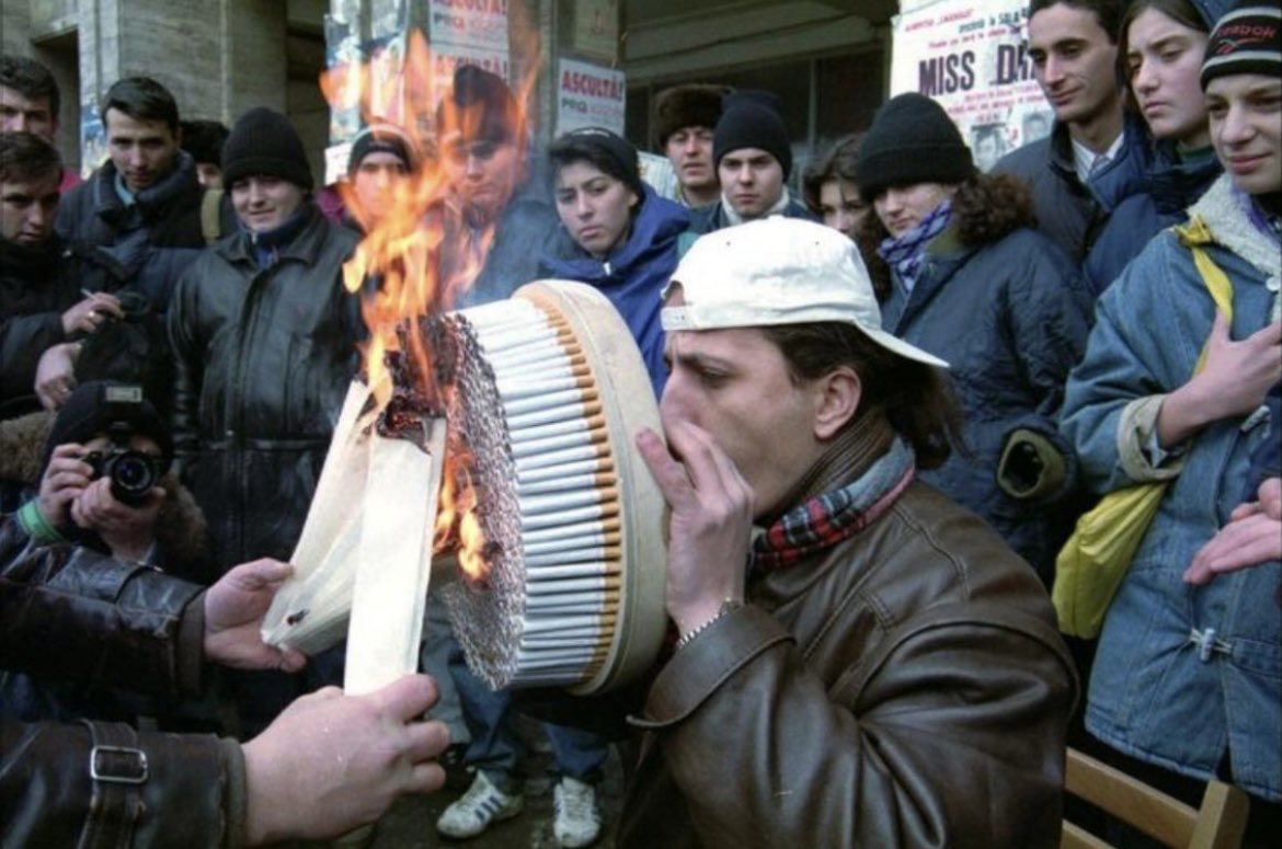 In 1996, Stefan Sigmond smoked 800 cigarettes in less than six minutes, breaking the previous world record of 750. Sigmond completed this difficult and dangerous task by attaching all the cigarettes to a circular inhalation device, where he could breathe in the smoke from all