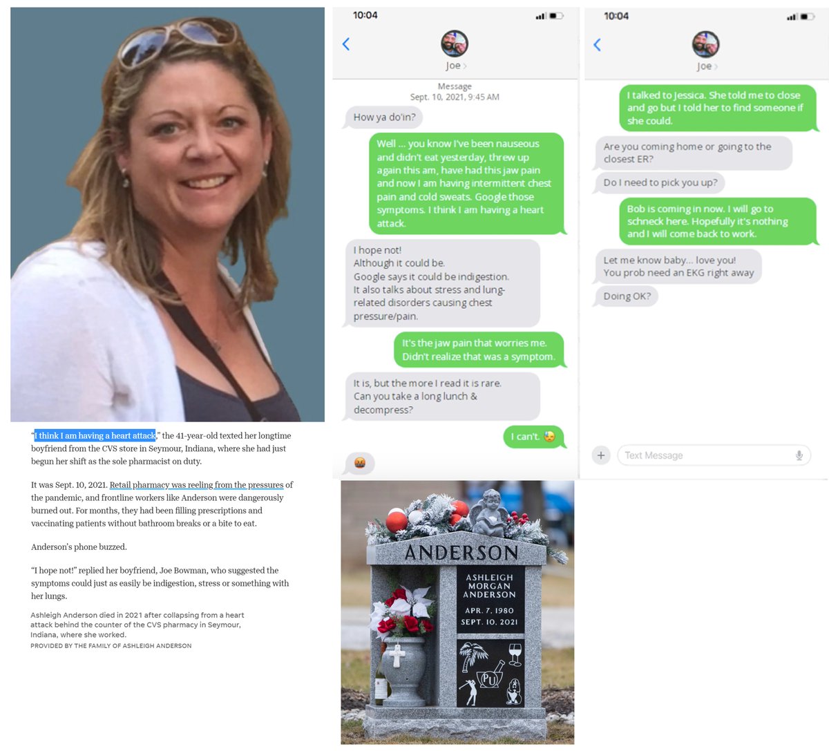 Seymour, IN - 41 year old Asleigh Morgan Anderson was the sole pharmacist on duty at CVS store when she texted her boyfriend thinking she was having a heart attack. She was. She died Sep.10, 2021. COVID-19 mRNA Vaccine mandated profession & sudden cardiac death #DiedSuddenly