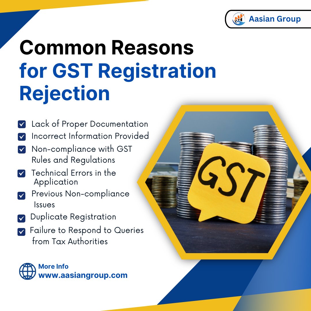 Common Reasons for GST Registration Rejection

#gst #csc #realestateinvestment  #realestatetips  #account #Accounting  #financialyear  #FinancialAdvisor  #financialplanning 

facebook.com/aasiangroup2012