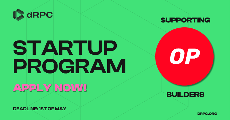 dRPCorg's tweet photo. 🚀 Attention #Superchain builders! 🚀

👉 Apply to our STARTUP Program and get FREE access to our lightning-fast RPC Nodes for 6 Months!

💢 DEADLINE: 1st of May! 💢

Don’t miss out — apply today!