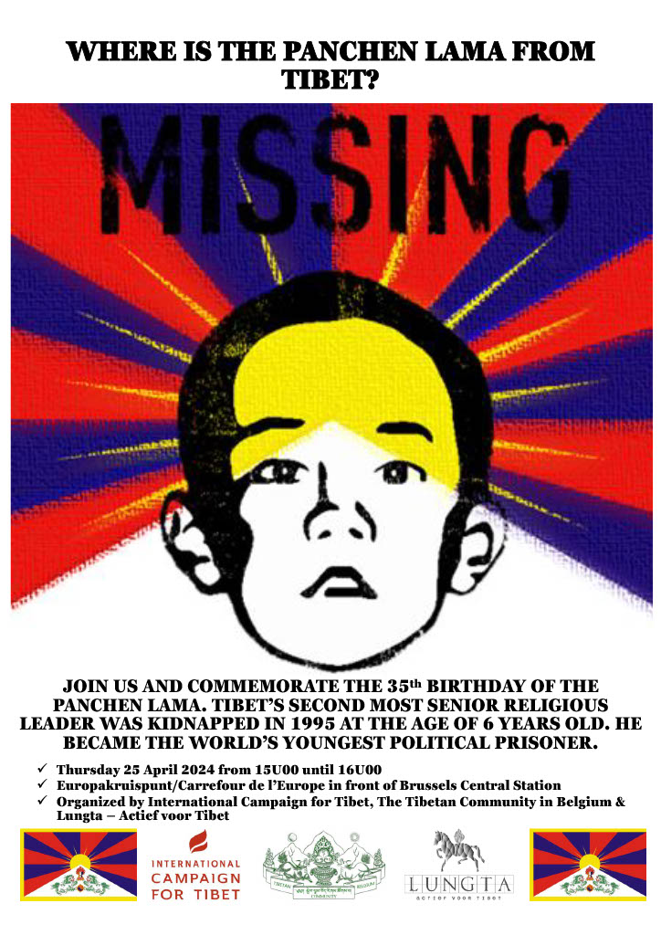 Hope to see many of you this afternoon in #Brussel! Show your solidarity with the #FreePanchenLama from #Tibet. Abducted at the age of 6 he became the world youngest #PoliticalPrisoner. Today he is 35 years old. ✊️✊️✊️