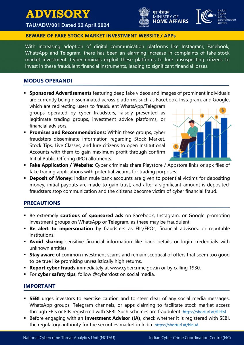 Beware of Fake Stock Market Investment.

If they are not purchasing stocks through your demat account, they are taking your money into their own accounts.

#Binance #earthquake #StockMarketNews 
#cybercrime #CyberSafeTips 

<a href="/dcpouter/">DCP OUTER DELHI</a> <a href="/DelhiPolice/">Delhi Police</a> <a href="/MIB_India/">Ministry of Information and Broadcasting</a> <a href="/Cyberdost/">CyberDost I4C</a>