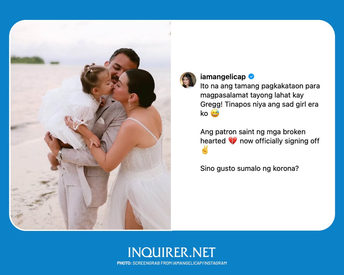 inquirerdotnet's tweet photo. ‘ANG PATRON SAINT NG MGA BROKEN-HEARTED, OFFICIALLY SIGNING OFF’ 🥰

LOOK: Angelica Panganiban shares an appreciation post for her husband, Gregg Homan, for ending her “sad girl era.”

The couple got married for the second time on April 20 in Siargao. | 📷: Pat Dy via Panganiban/Instagram

Read related story: https://t.co/n8EmZeaJ6R