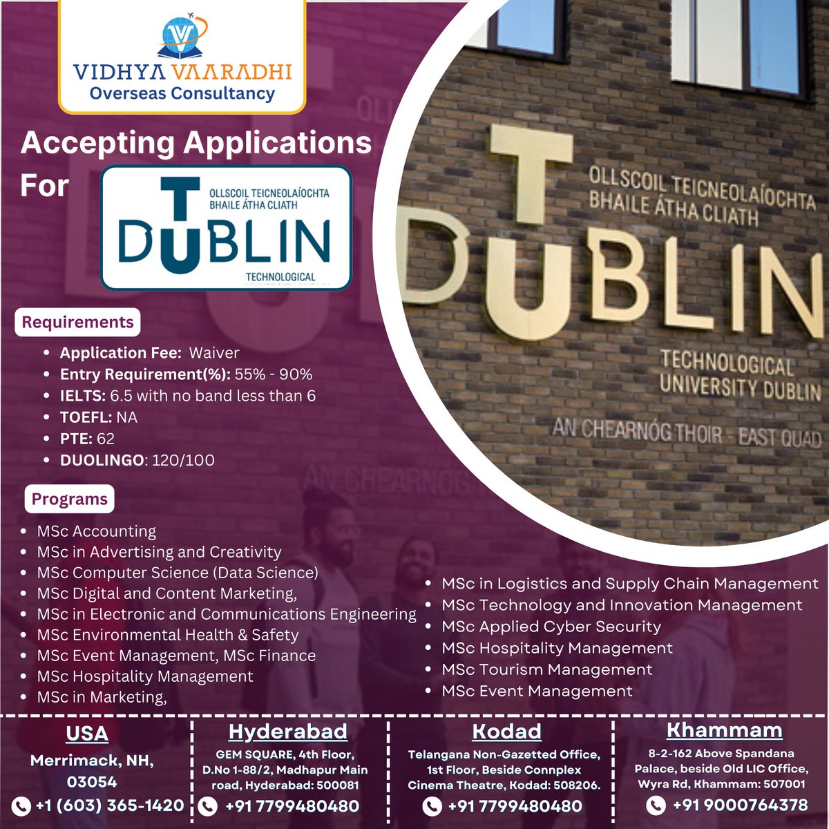 Study in Ireland | Applications are now open for Technological University Dublin. Start your journey in Ireland today! Contact us now.
#StudyInIreland #Irelandeducationconsultants #Irelandeducation #masters #studymsinireland #Ireland #vidhyavaaradhi #TechnologicalUniversityDublin