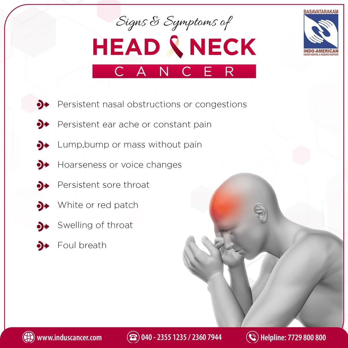 3. Difficulty Swallowing -Dysphagia
4. Persistent Ear Pain
5. Lump / Swelling
6. Persistent Mouth Sores
7. Unexplained Weight Loss
8. Persistent Cough

Early Detection Saves Lives:
If you experience any of these symptoms, especially if they persist for more than a few weeks (2/3)