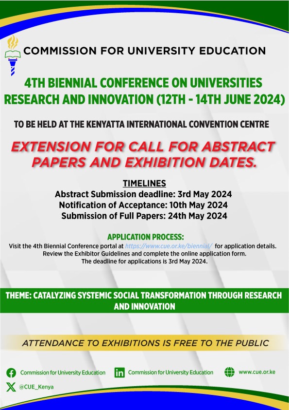 Only 47 days until our 4th Biennial Conference! Join us June 12-14 at Kenyatta International Convention Centre. Submit your paper or abstracts now to be part of groundbreaking research and innovation exhibitions!

#4thBiennialconference
#researchandinnovation
#kenyanuniversities