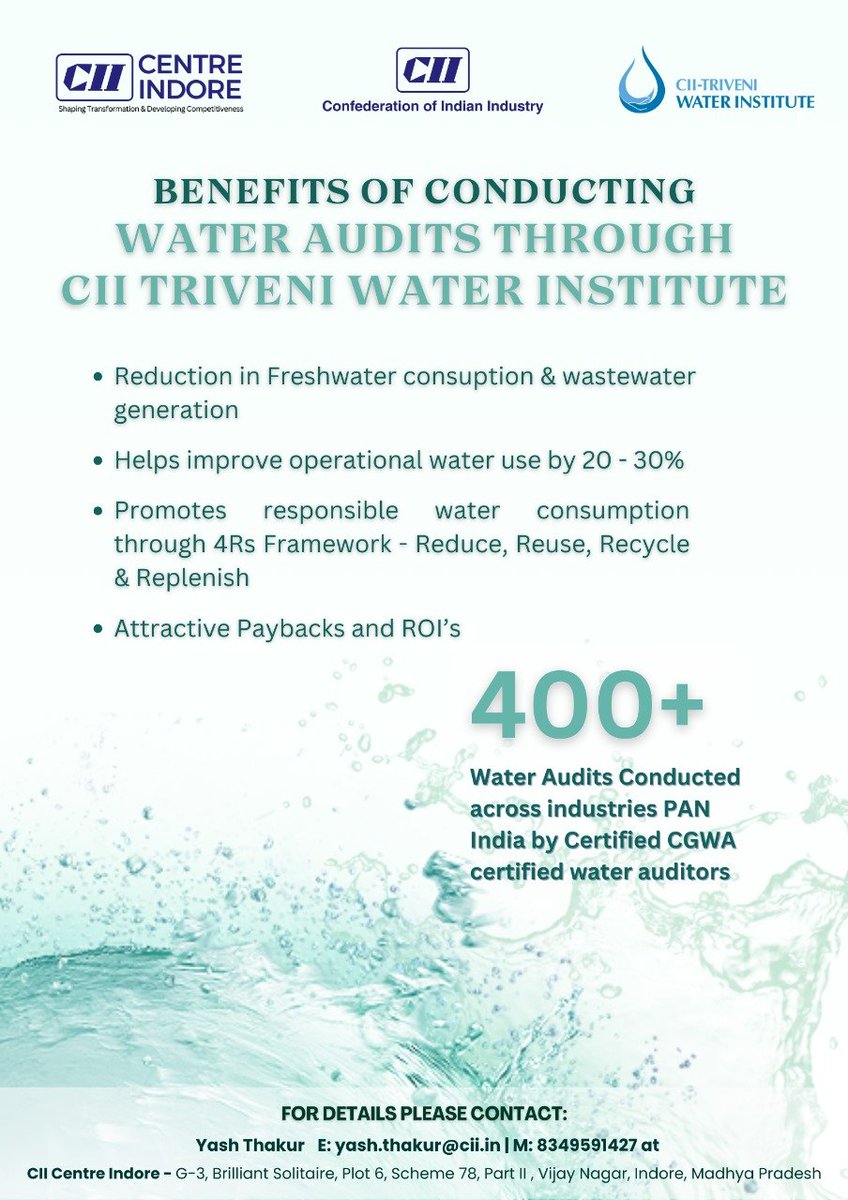 Join CII's Water Audits initiative to identify areas of higher specific water use, assess wastewater pollutant load, and implement reduction techniques through the 3R (Reduce, Reuse & Recycle) principle. Become a part of this important effort through @ciitwi, CII's Centre of…