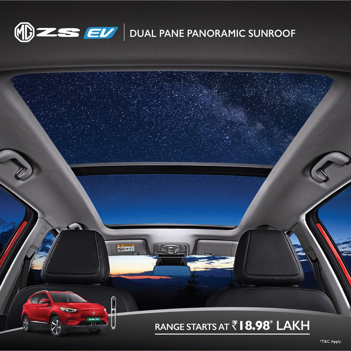 Never miss the view when you’re on the road. Enjoy the open sky with the Dual Pane Panoramic Sunroof on MG ZS EV that comes with an exciting price of ₹18.98* Lakh. Test drive today. *T&C Apply. #MGZSEV #EVingIsLiving #MorrisGaragesIndia #MGMotorIndia