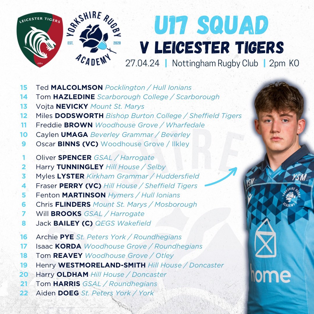 YorksRugbyAcad's tweet photo. Squads announced for @LeicesterTigers this Saturday hosted by @NottinghamRugby is the last hit out of the season for 16s &amp; penultimate game for 17s

Congratulations to selected players

🗓 Sat 27 Apr
🆚 Tigers 🐯
📍Nottingham Rugby
⏰ U16 - 12pm KO
⏰ U17 - 2pm KO

#WeLeaveBetter https://t.co/CjRV6erXT4