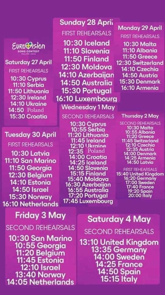 This is the full schedule for the rehearsals starting this Saturday with Cyprus at 10:30 CET! 🚨🇺🇦