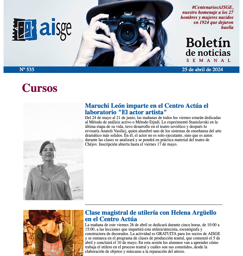 aisge's tweet photo. En la #FundaciónAISGE nos encanta divulgar y contar historias, y cada jueves aprovechamos el #BoletínSemanal para recopilarlas. Aquí tenemos noticias, crónicas, el especial #CentenariosAISGE, entrevista a Elisa Hipólito, estrenos, cursos, libros... Mira⬇️

https://t.co/8qLfqLSKrp https://t.co/52Xout1hgx
