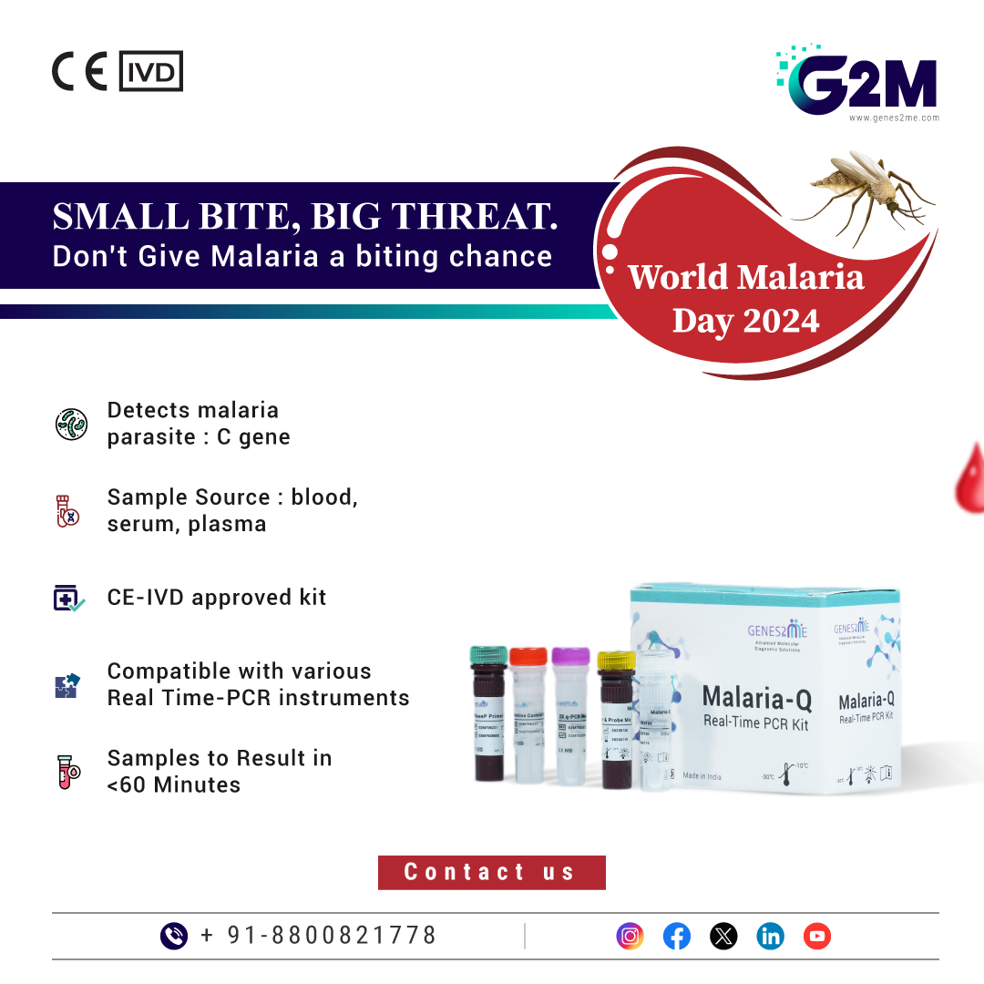 Celebrate #WorldMalariaDay2024 with #G2M's CE-IVD approved Malaria-Q #RTPCR Kit. This kit enables early, #detection of malaria-causing Plasmodium parasites, aiding timely interventions for a #malaria-free #world. Join us in the fight against this life-threatening #disease.