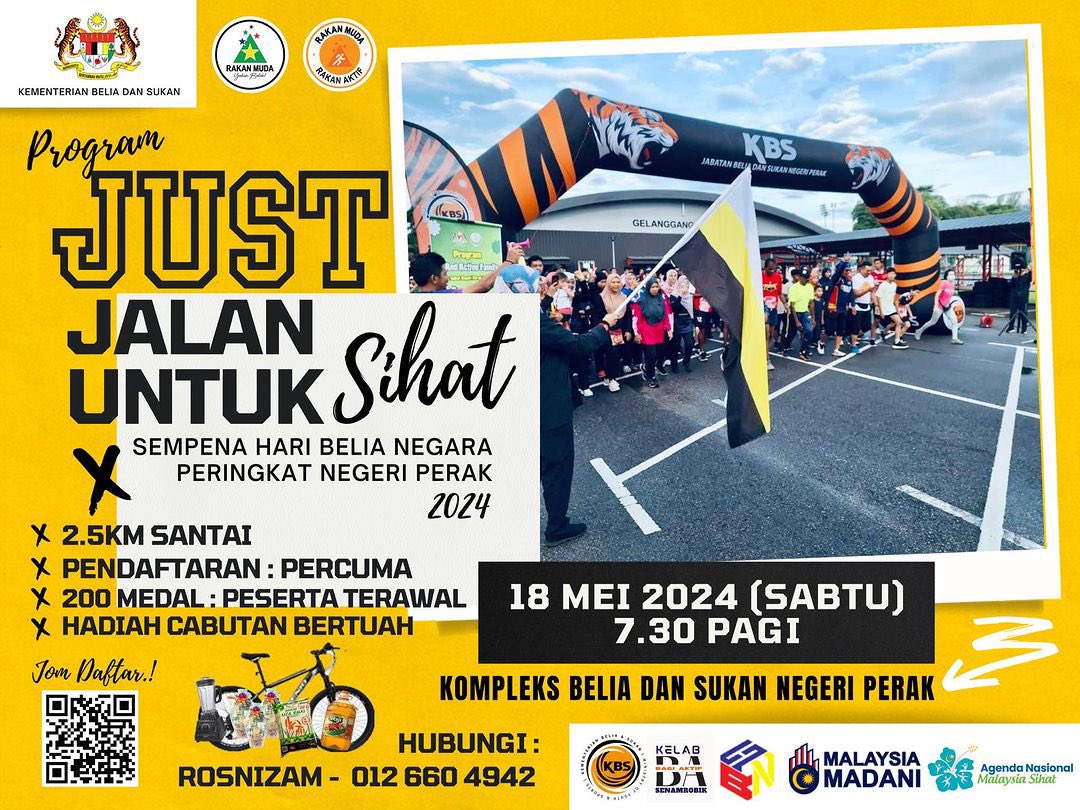 Program Just jalan untuk sihat anjuran @jbsnperak , #bagiaktif , #agendamalaysiasihat sempena sambutan Hari Belia Negara 2024. Penyertaan adalah percuma. Jom sertai sekarang. @MohKeIpoh @twtjogging