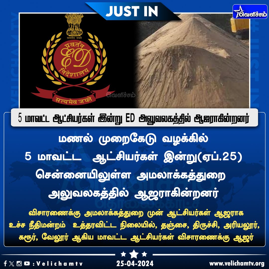 velichamtvtamil's tweet photo. 5 மாவட்ட ஆட்சியர்கள் இன்று ED அலுவலகத்தில் ஆஜராகின்றனர் #ED | #EnforcementDirectorate | #Sand | #Sandminingcase | #TamilNadu | #DistrictCollectors | #VelichamTV https://t.co/BYVBi1yxcm