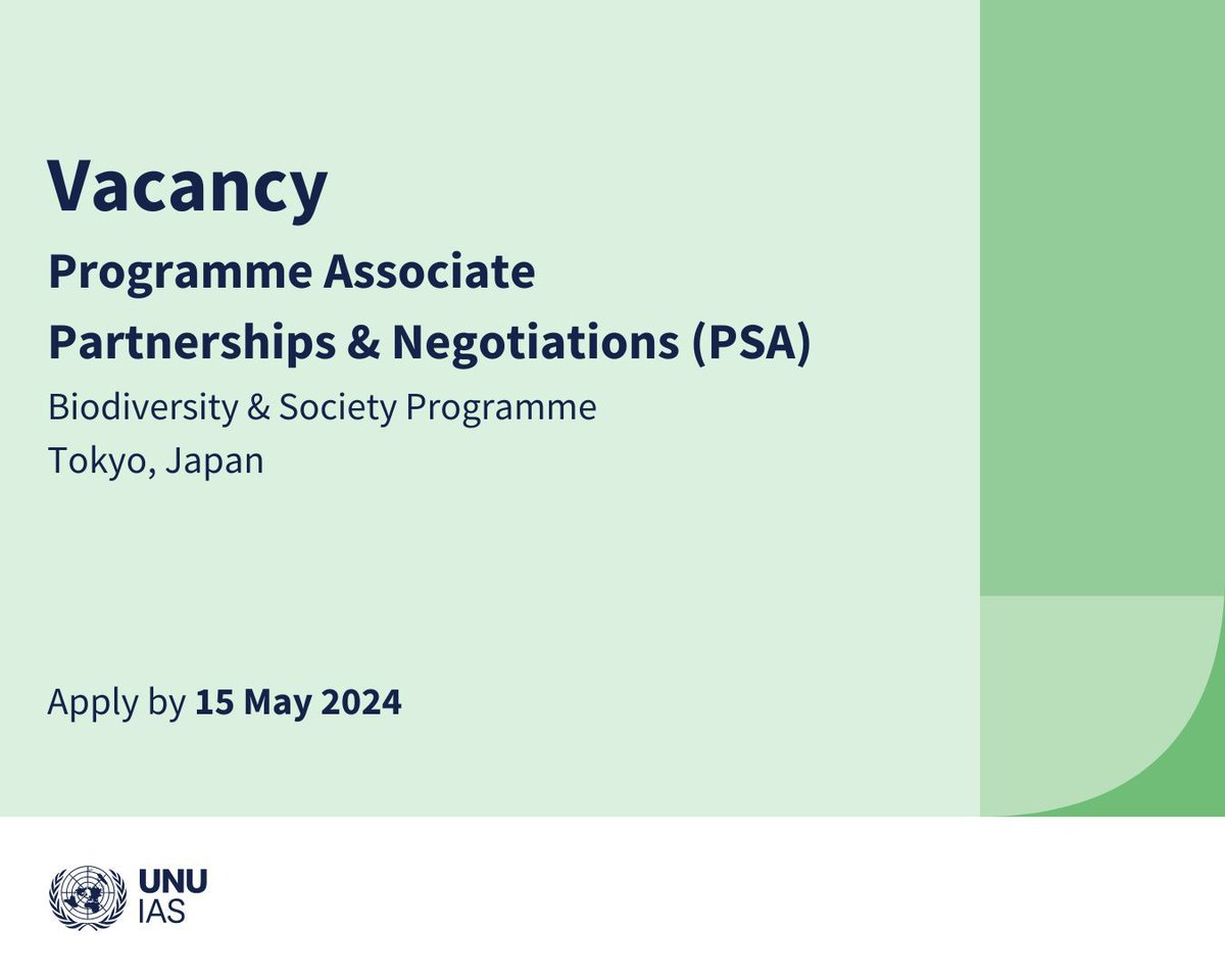 🚨 Application deadline extended! 🚨

Are you passionate about #biodiversity? We’re #hiring a Programme Associate to support our partnerships and capacity development projects.

Apply by 15 May ➡️ buff.ly/3VK8r6i 

@UNJobs #UNCareers @IPSI_Satoyama @UN_Biodiversity