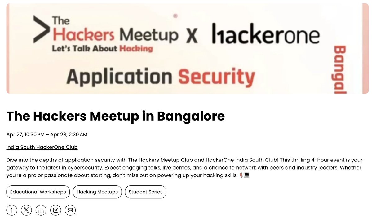 Hey Hackers! 📣 Mark your calendars for April 28! The India South HackerOne Club, in collaboration with @thm_bangalore and @Akshanshjaiswl, is hosting an exclusive meetup on application security in Bangalore.🛡️ Sign up and check out the details here: bit.ly/3Ue8KDZ .