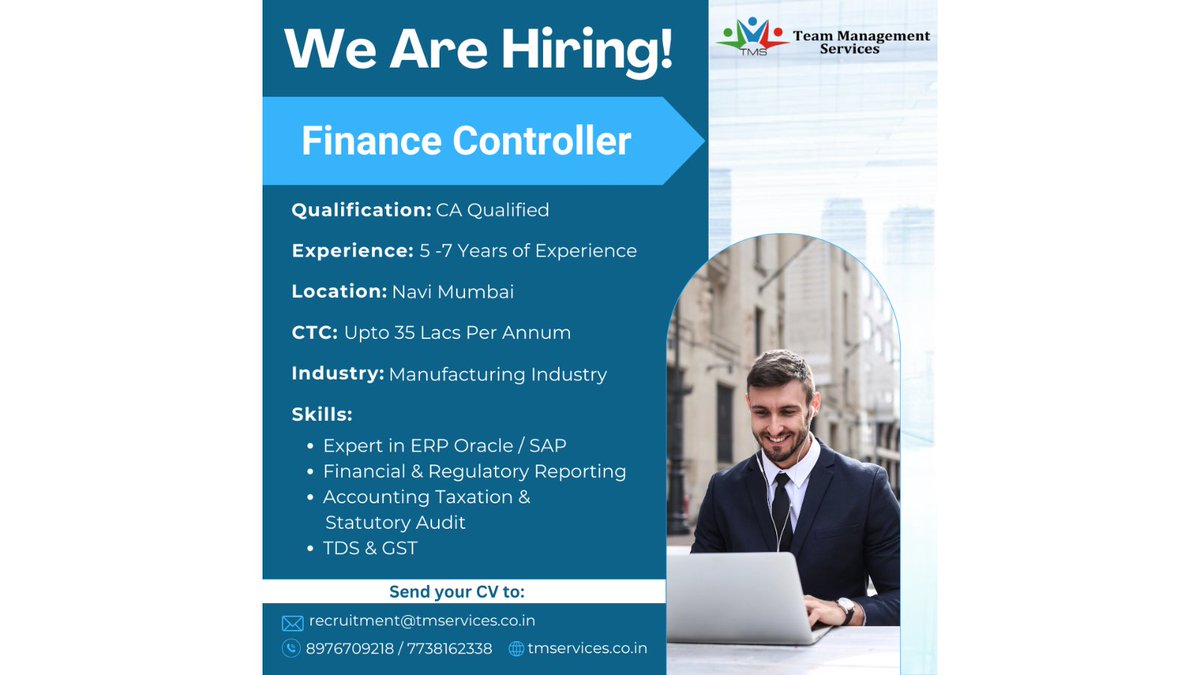 Calling all financial wizards! Become our Finance Controller and shape our financial destiny

tmservices.co.in | recruitment@tmservices.co.in | 8976709218 – 7738162338

#tms #hrmode #hr #hrservices #hroutsourcing #hrsolutions #mumbai #thursday #financecontroller #jobs