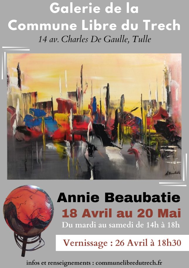 le_trech's tweet photo. 😍🖼️🎨[Galerie du Trech] Nous sommes heureux de vous annoncer la réouverture de la Galerie du Trech ! RDV au cœur du quartier du Trech, 14 av Ch de Gaulles à Tulle, pour venir admirer les œuvres d'Annie Beaubatie !
Ouverture 14h/18h du mardi au samedi. https://t.co/Dc6mOkNV8J