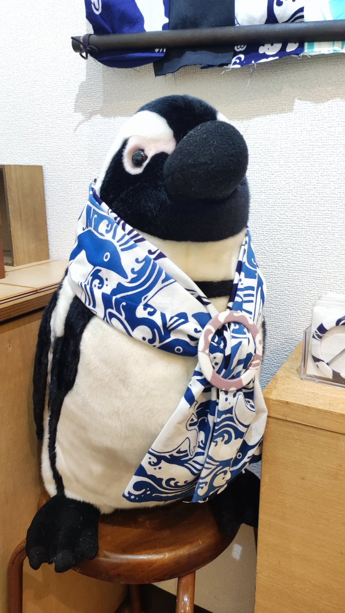 今日は #世界ペンギンの日 です！
高円寺 #ギャラリーたまごの工房 で開催中の「トリ・とり・鳥展」には、まつながあやこさんのペンギン手ぬぐいが！
モデルさんもいます🐧
注染の型自作・全18種のペンギン全部入りの柄、などこだわりがすごい😆✨私もペンギン好き友達に１枚プレゼントしよう❤️　#鳥