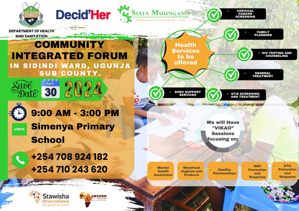 Save the date, remember the venue & keep time!Join us for a Community Integrated Forum.Offering essential health services alongside engaging VIKAO sessions.Don't miss out on this opportunity for education,empowerment, & community connection. For more details see the poster below