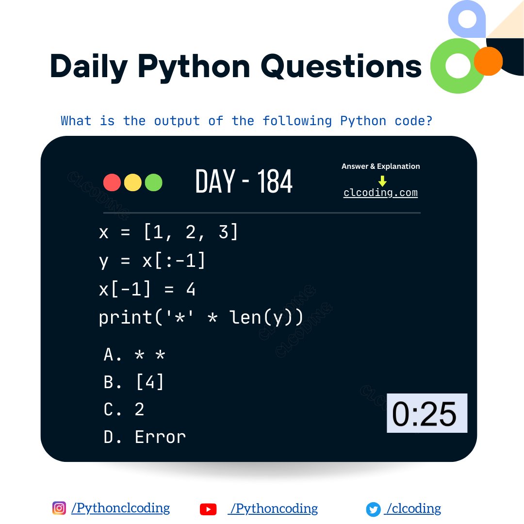 Python Coding challenge - Day 184 | What is the output of the following Python Code? Solution and Explanation: clcoding.com/2024/04/python…