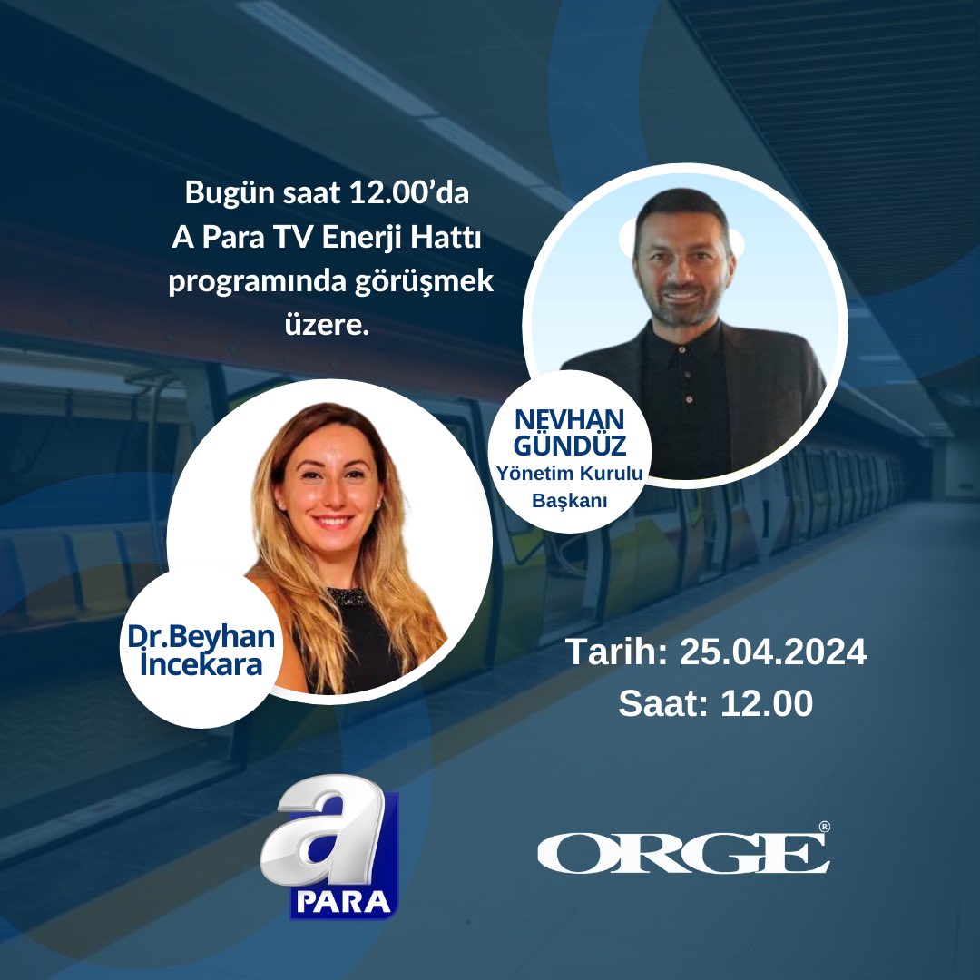 CEO’muz Nevhan Gündüz, bugün saat 12.00’da A Para Tv Enerji Hattı programının konuğu olacaktır.

#ORGE #OrgeElektrik #EnerjiHattı