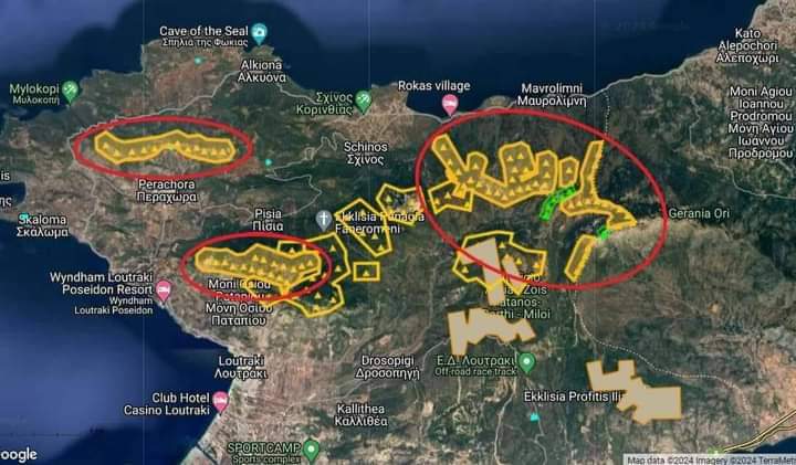 Γεράνεια Όρη χάρτης 

1) Με κόκκινο οι εκτάσεις που κάηκαν το 2021
2) Με κίτρινο οι αιτήσεις που έχουν γίνει για ανεμογεννήτριες (σε λίγες μέρες θα είναι πράσινο)
3) Με πράσινο οι αίτησεις που έχουν πάρει βεβαίωση παραγωγού
4) Με μπεζ οι μπαταρίες αποθήκευσης ενέργεια