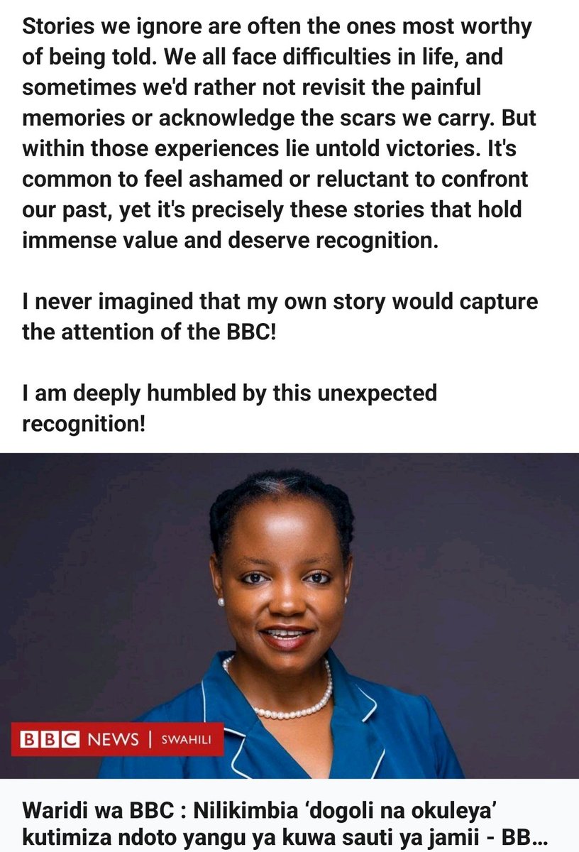 Asante sana @bbcswahili kwa 'unexpected recognition' sikuitarajia! Naomba kuitunuku kwa mawaridi wote Tanzania wanaopambana usiku na mchana, mvua na jua, kutimiza ndoto zao na za vizazi vyao