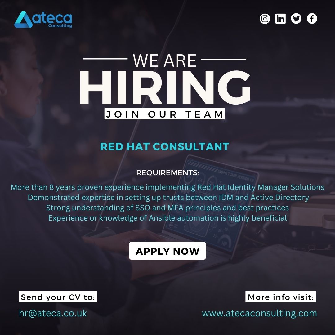 🔴 Join our team as a Red Hat Consultant for a 1-year contract in Amsterdam! 🌟

- 8+ years implementing Red Hat IDM
- Strong SSO and MFA knowledge

Interested? Send your CV to hr@ateca.co.uk with Ref RHCA04.

#AmsterdamJobs #HollandJobs #EUJobs #Hiring #HiringNow #Opentowork