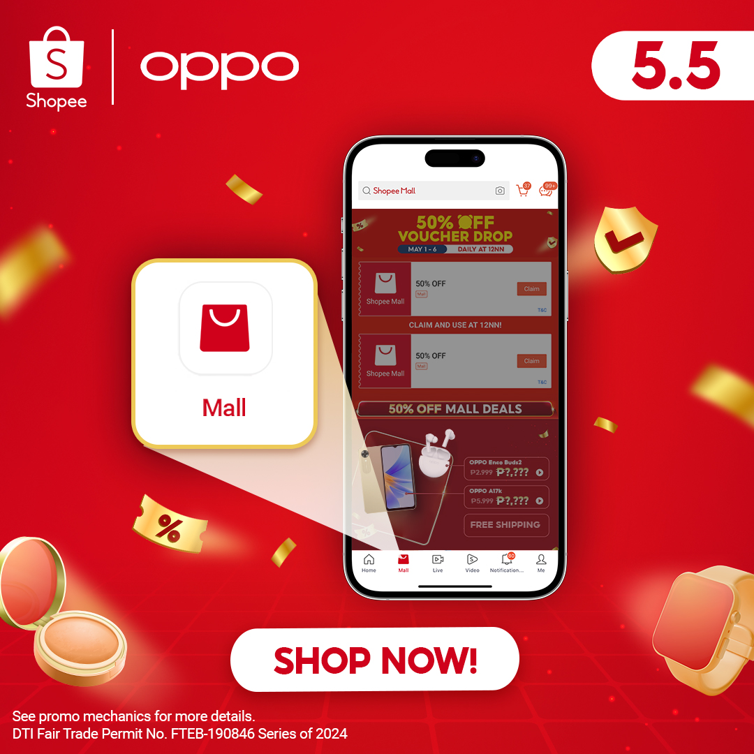 Authentic OPPO products on Shopee Mall—guaranteed! #ShopeeMallAuthentic Enjoy up to 54% off during the 5.5 Brands Festival from May 5-9. Plus, get free shipping and exciting freebies when you shop at OPPO’s Official Shopee Store! Shop Now! bit.ly/55-Sale-Shopee