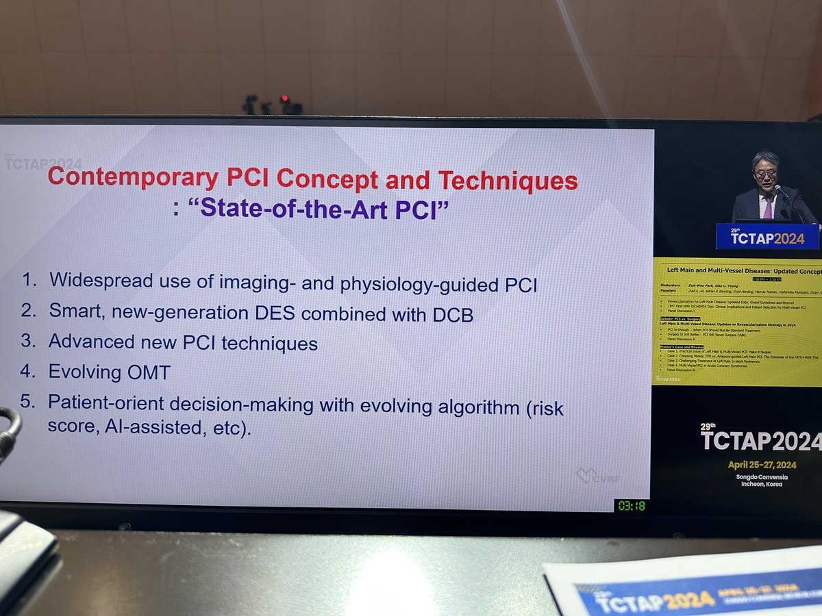 @dukwoo_park with a superb presentation at #TCTAP around LMS PCI- that factors that drive pci vs surgery, use of intravascular imaging and phydiology, and newer medical therapies such as psk9i. Awate data around ffr in lms from FATE-MAIN trial @mirvatalasnag @SVRaoMD