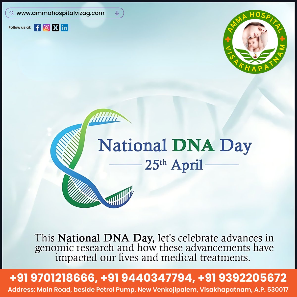 Unlocking the mysteries of life, strand by strand. Happy National DNA Day from Amma Hospital. 🧬

Contacts : +91 9515888591 | +91 9392051992 

#AmmaHospital #DNAsequencing #Healthcare #Discoveries #Innovation #GeneticResearch #MedicalAdvancements #Science #Biology